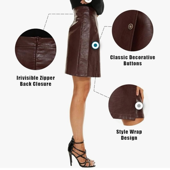 Ginasy Faux leather, a line, wrap , high waisted miniskirt burgundy - Picture 3 of 14